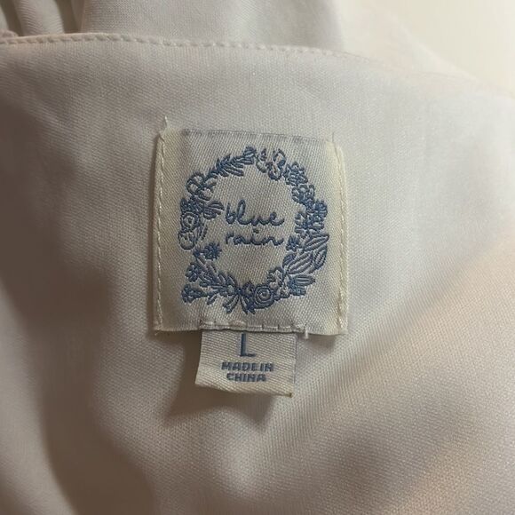 BLUE Rain white dress with crocheted stitching and fabric covered buttons size L - Picture 9 of 13